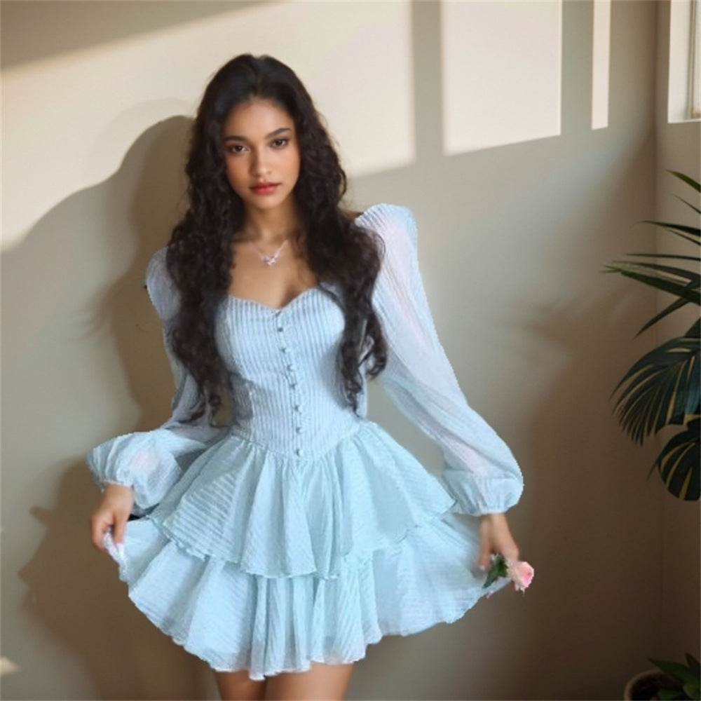 Damen Schulterfreies Stufen-Minikleid mit Knopfleiste Drune
