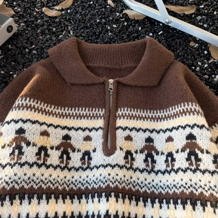 Damen Jacquard-Halbzip-Pullover mit Polokragen und Norweger‑Intarsie Drune