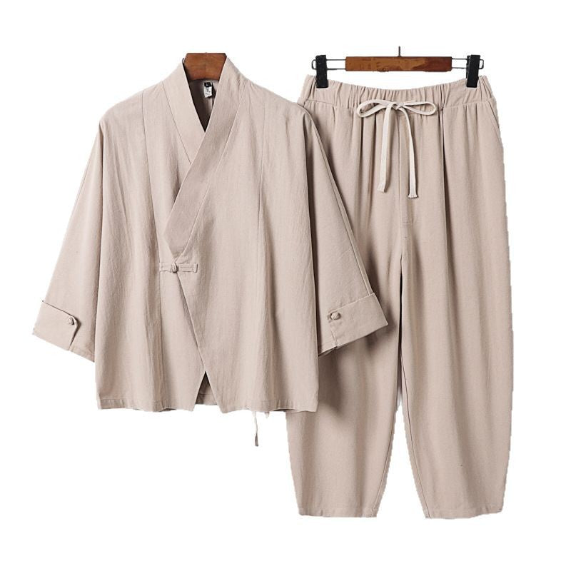 Herren Atmungsaktives Leinen-Baumwoll Lounge-Set mit asymmetrischem V-Kragen und elastischer Kordelhose Drune