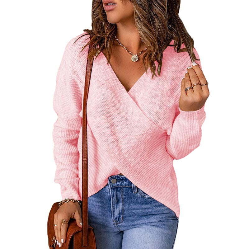 Damen lässiger Wickel-Pullover mit tiefem V-Ausschnitt und strukturiertem Gewebe Drune