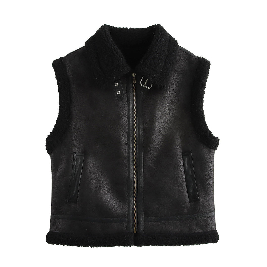 Damen Teddyweste mit hohem Kragen und Kunstlederelementen Drune