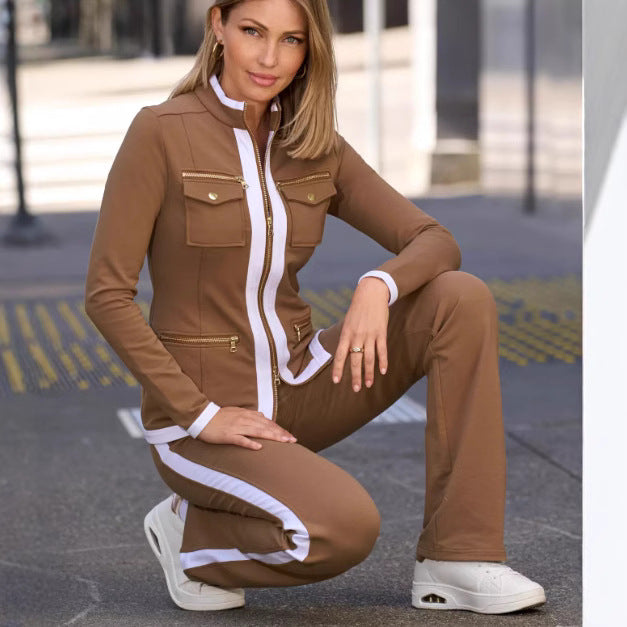 Damen Casual-Trainingsanzug im Blazer-Stil mit Reißverschlussjacke und Seitenstreifen Drune