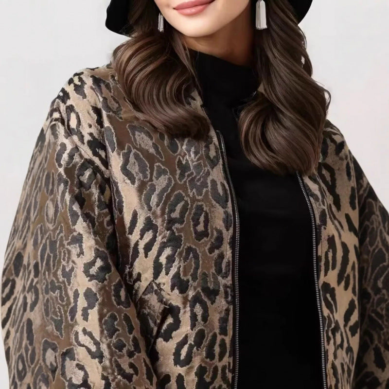 Damen modische Bomberjacke mit Leopardenmuster und elastischen Bündchen Drune