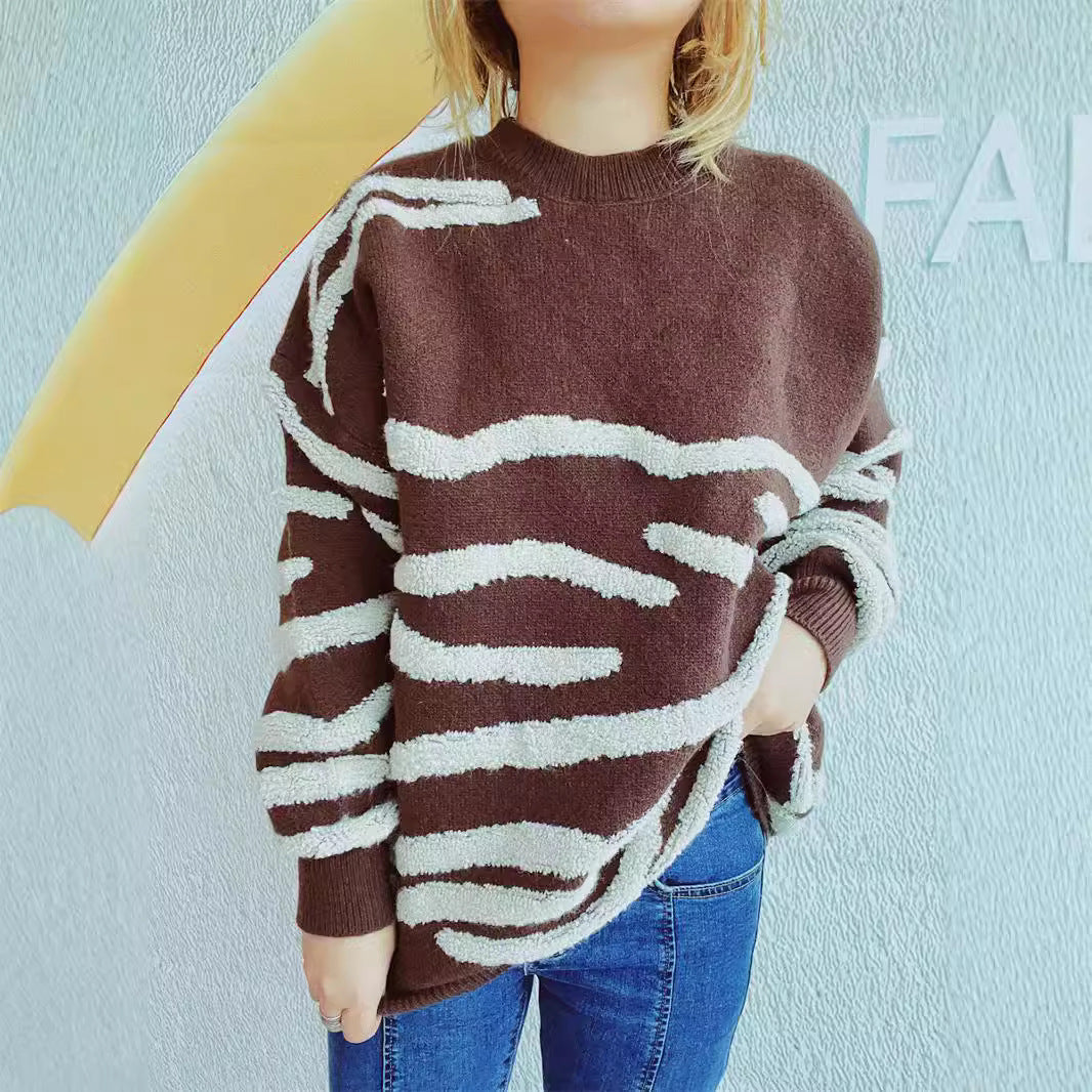 Damen gemütlicher Strickpullover mit ansprechendem Zebrastreifenmuster Drune