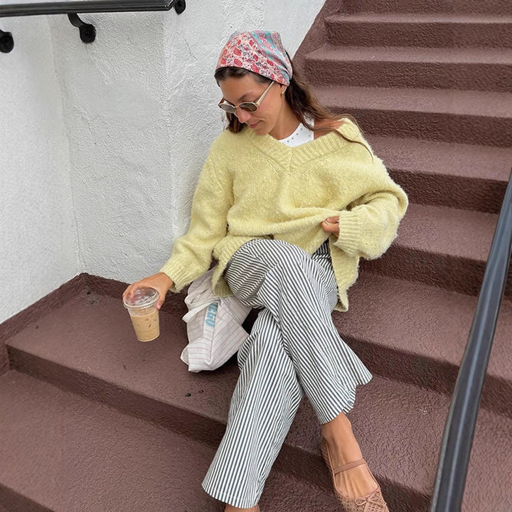 Damen Oversize-Flauschpullover mit tiefem V-Ausschnitt und voluminösen Ärmeln Drune