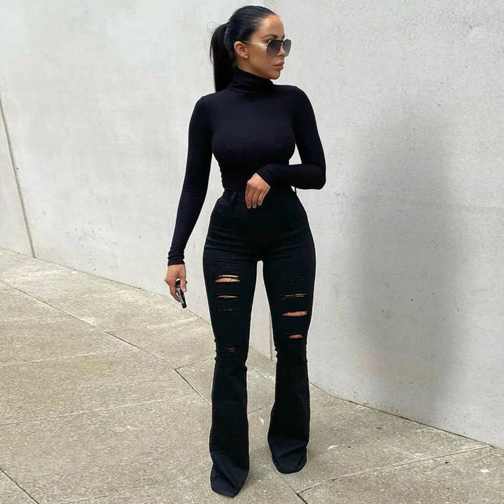 Damen hochtaillierte Flared-Jeans mit Destroyed-Rissen und sculptendem Stretchschnitt Drune