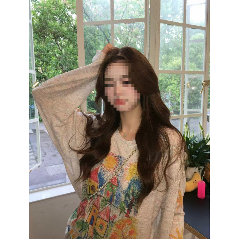 Damen Lässiger Oversized Pullover mit buntem Druck Drune