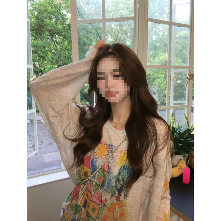 Damen Lässiger Oversized Pullover mit buntem Druck Drune