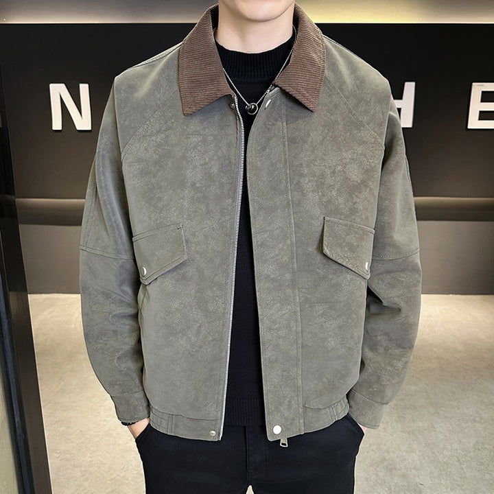 Herren Oversize Utility-Bomberjacke aus Kunstleder mit geripptem Saum und Hemdkragen Drune