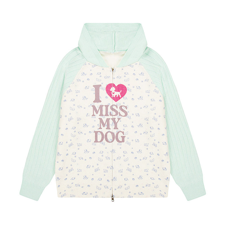 Damen Kapuzen‑Strickjacke mit durchgehendem Reißverschluss, gerippten Ärmeln und Hunde‑Statement‑Print Drune