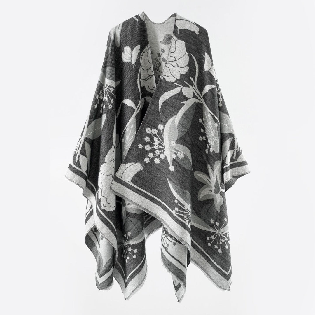Damen Floraler Jacquard-Überwurf im kastigen Kimono-Fall mit feiner Fransenkante Drune