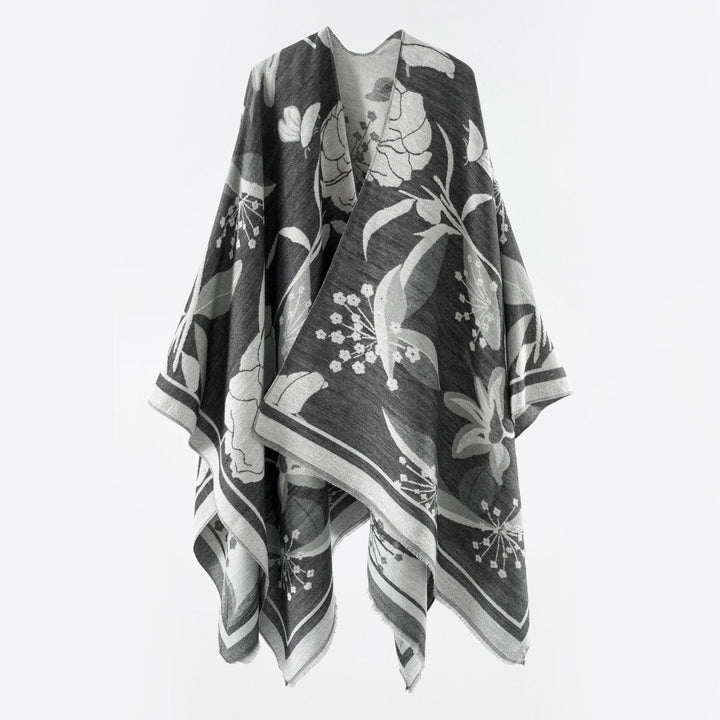Damen Floraler Jacquard-Überwurf im kastigen Kimono-Fall mit feiner Fransenkante Drune
