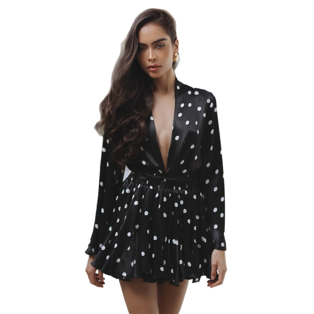 Damen Polka Dots Minikleid mit V-Ausschnitt und weitem Ärmel Drune