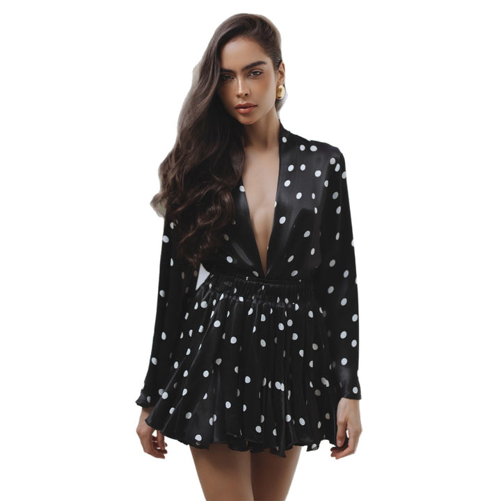 Damen Polka Dots Minikleid mit V-Ausschnitt und weitem Ärmel Drune