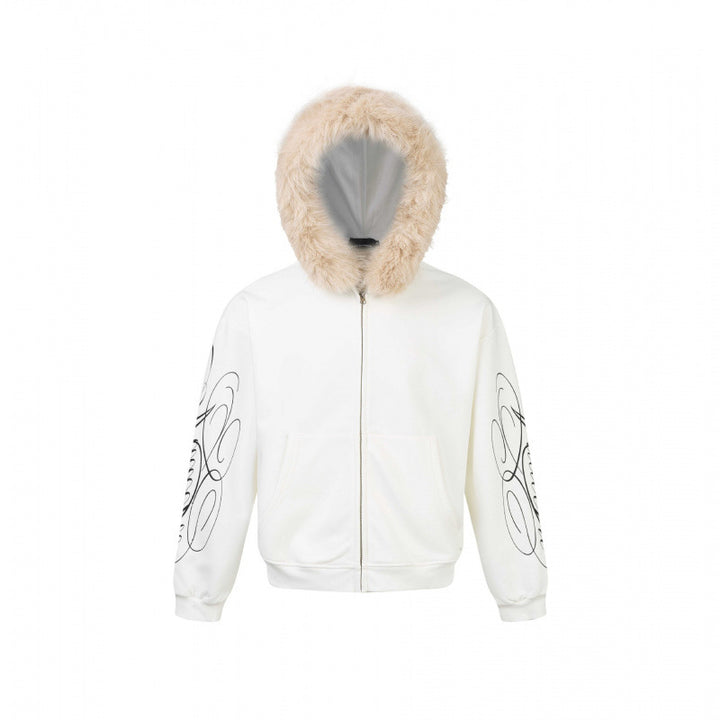 Unisex Oversize-Kapuzenjacke mit Kunstfellbesatz, Reißverschluss und Grafikärmeln Drune