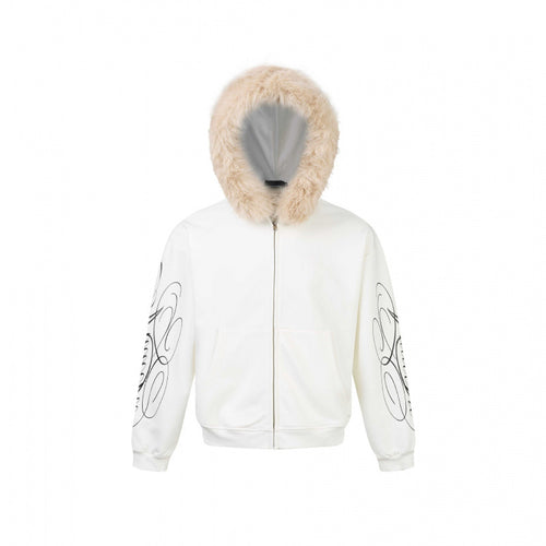 Unisex Oversize-Kapuzenjacke mit Kunstfellbesatz, Reißverschluss und Grafikärmeln Drune