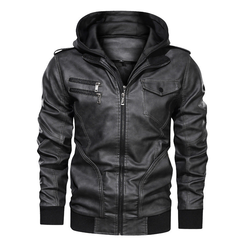 Herren Lederoptik Kapuzenjacke im Bikerstil mit Reißverschlusstaschen und Rippbündchen Drune