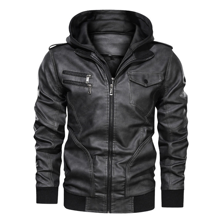 Herren Lederoptik Kapuzenjacke im Bikerstil mit Reißverschlusstaschen und Rippbündchen Drune