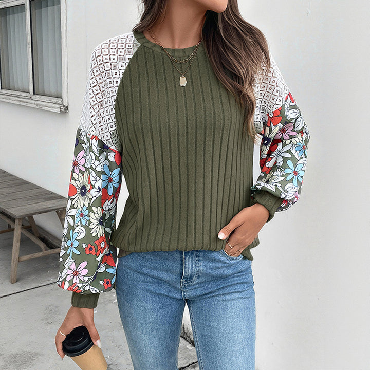 Damen Gerippter Strickpullover mit Häkel-Schulter & gDrunelümten Ballonärmeln Drune