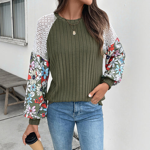 Damen Gerippter Strickpullover mit Häkel-Schulter & gDrunelümten Ballonärmeln Drune
