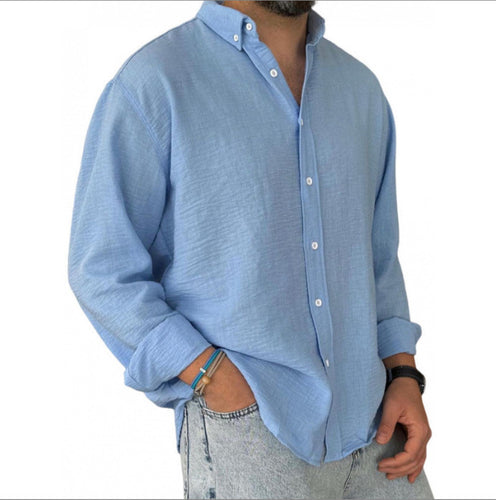 Herren nan leichtes Baumwoll-Leinen-Hemd mit Button-Down-Kragen und entspannter Relaxed-Fit Drune