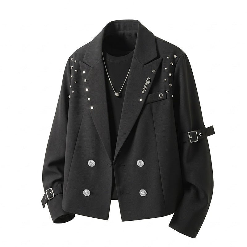 Herren Kurzblazer-Jacke im Rockigen Biker‑Look mit Nietenbesatz, Doppelreiher & Ärmel-Schnallen Drune