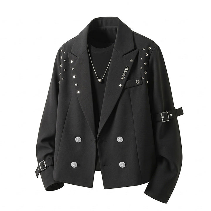 Herren Kurzblazer-Jacke im Rockigen Biker‑Look mit Nietenbesatz, Doppelreiher & Ärmel-Schnallen Drune