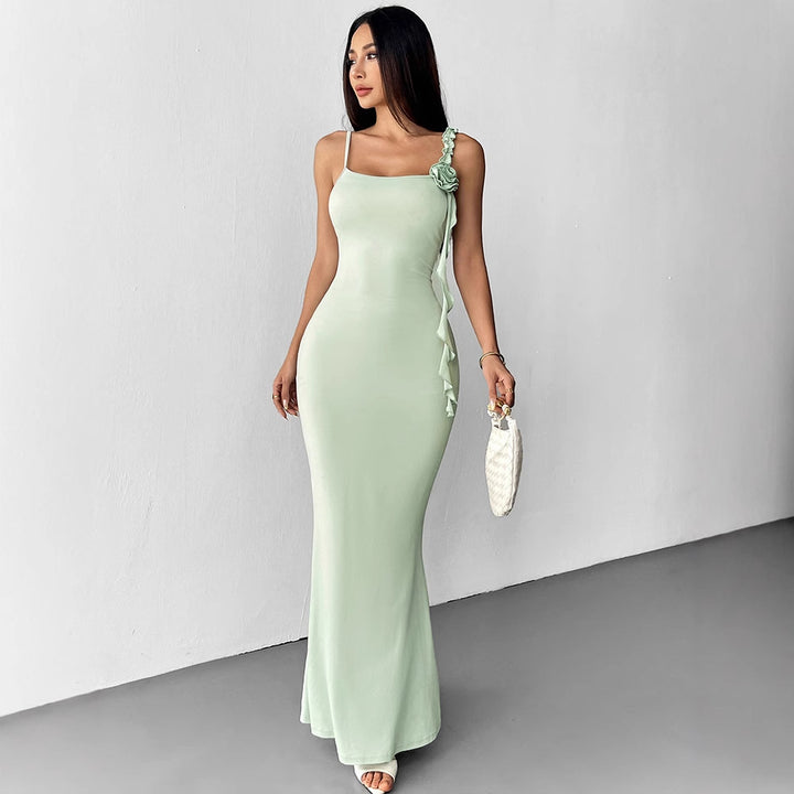 Damen Elegantes Maxikleid mit floralem Necktie und asymmetrischen Rüschen Drune