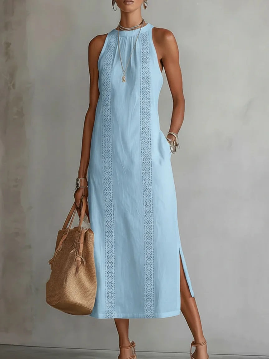 Damen Elegantes Sommer-Maxi-Kleid mit Spitzenapplikation und seitlichem Schlitz Drune