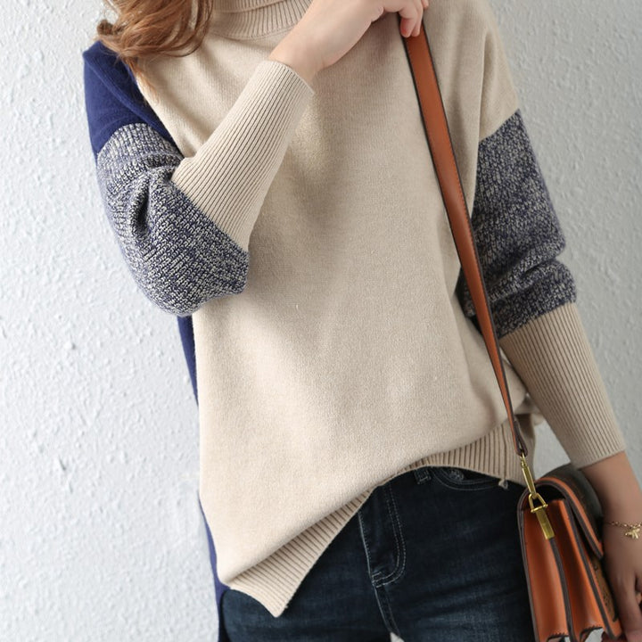 Damen modischer Rollkragenpullover mit grafischen Farbblockstrukturen Drune
