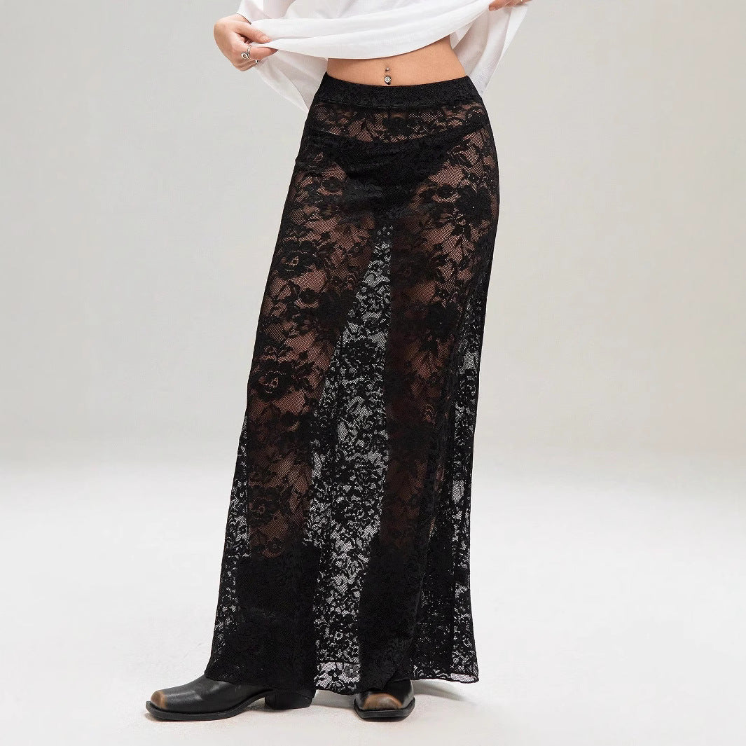 Damen nan weites Baumwollshirt und langer transparenter Spitzenrock Drune