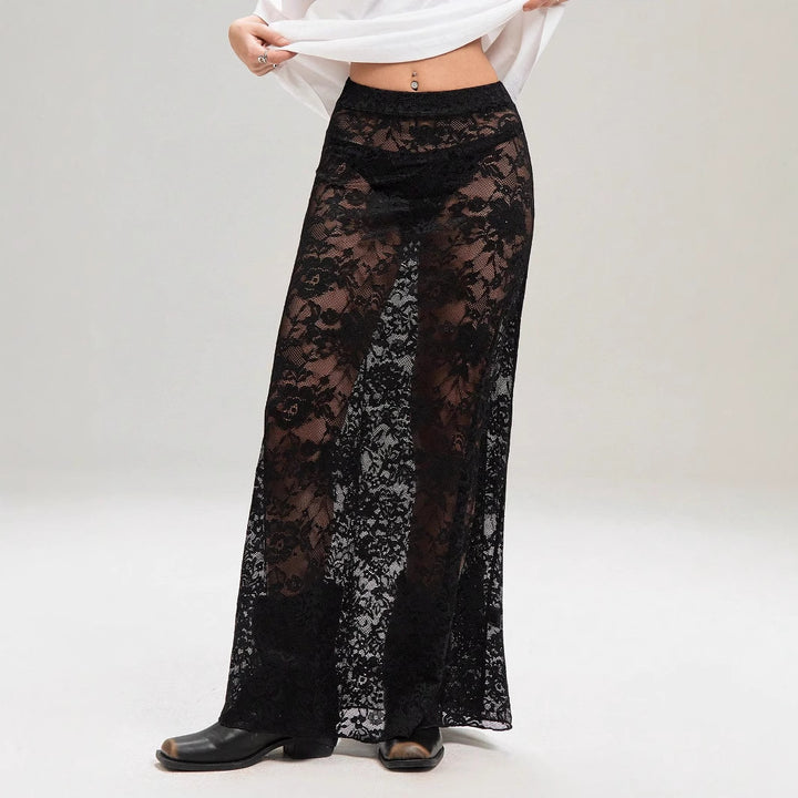 Damen nan weites Baumwollshirt und langer transparenter Spitzenrock Drune