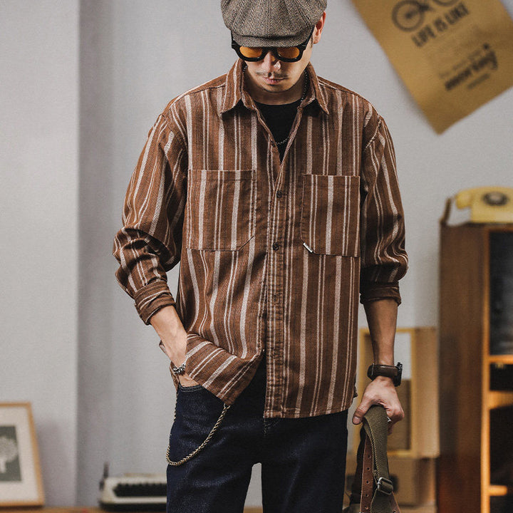 Herren Gestreiftes Overshirt-Hemd aus Baumwoll-Leinen mit Brusttaschen Drune