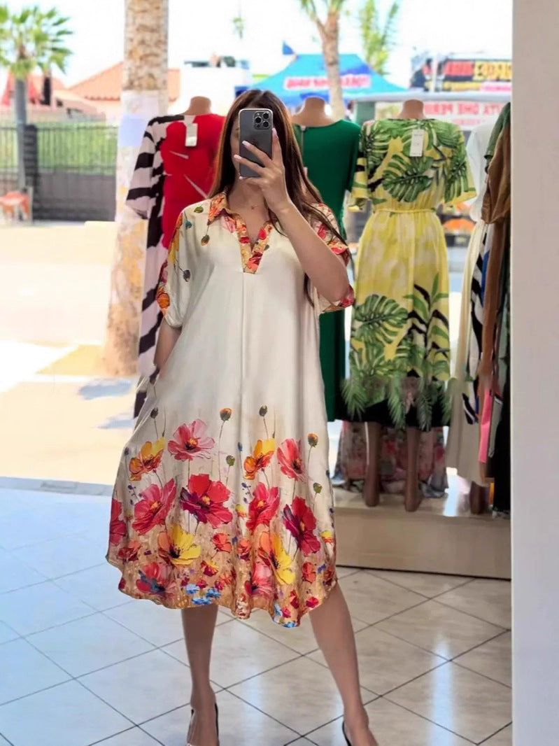 Damen nan leichtes Hemdblusenkleid mit floralem Bordürenprint, offenem V‑Ausschnitt und Einschubtaschen Drune