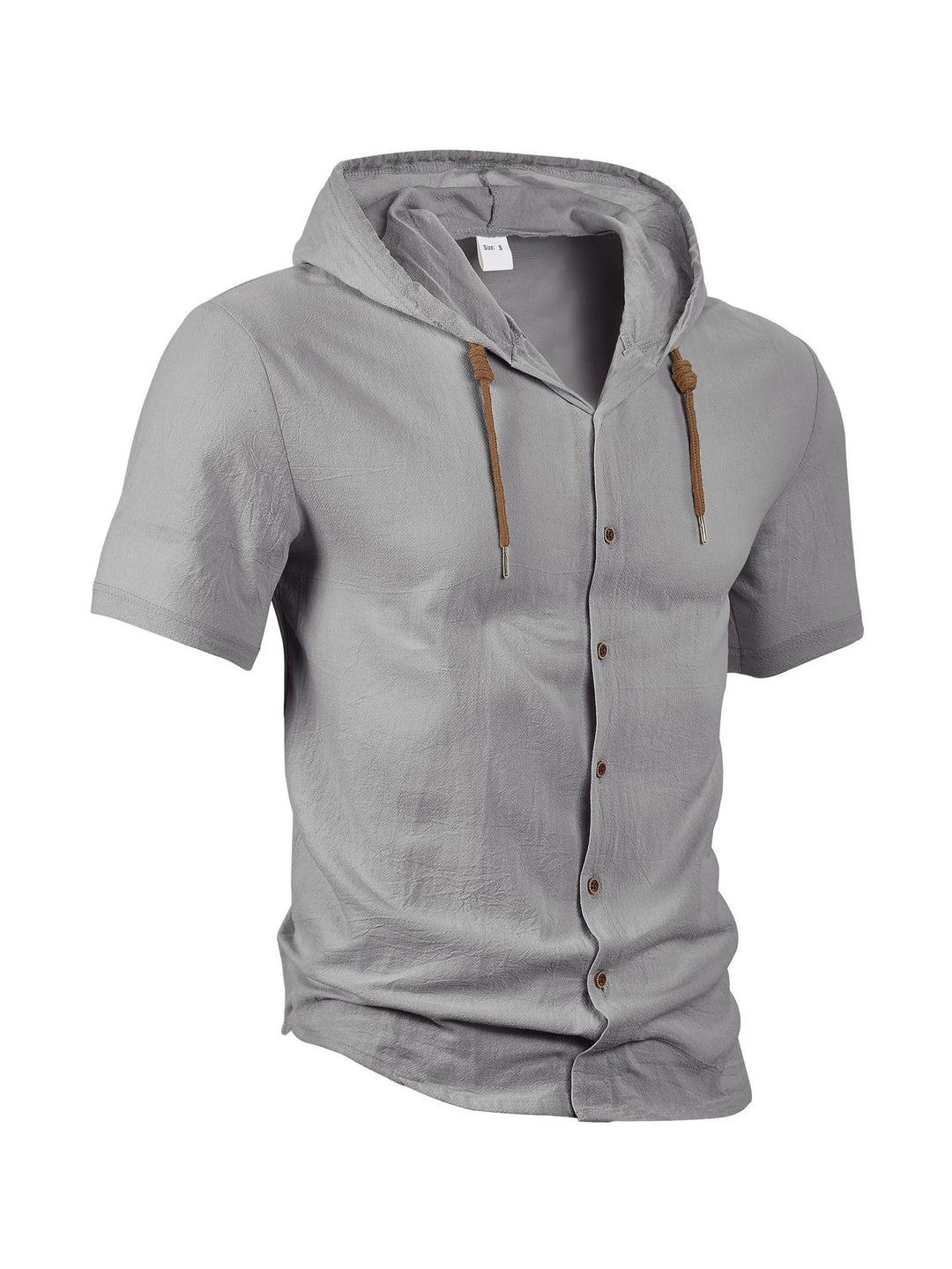 Herren nan tailliertes Kurzarm-Kapuzenshirt in Struktur-Leinenoptik mit Holzoptikknöpfen und Kordel Drune