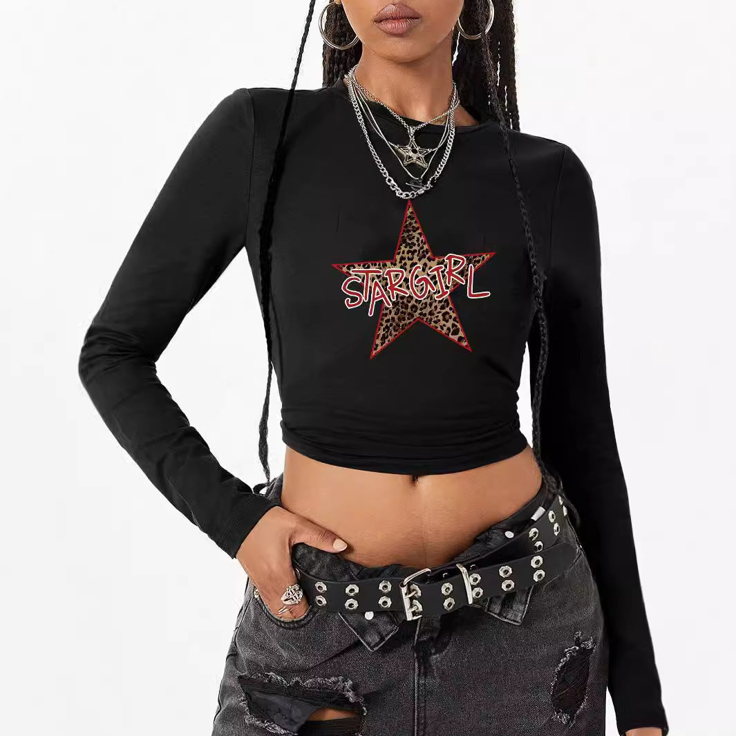 Damen nan figurbetontes Langarmshirt mit niedlichem Gänse-Print, Rundhalsausschnitt und leichtem Stretch Drune
