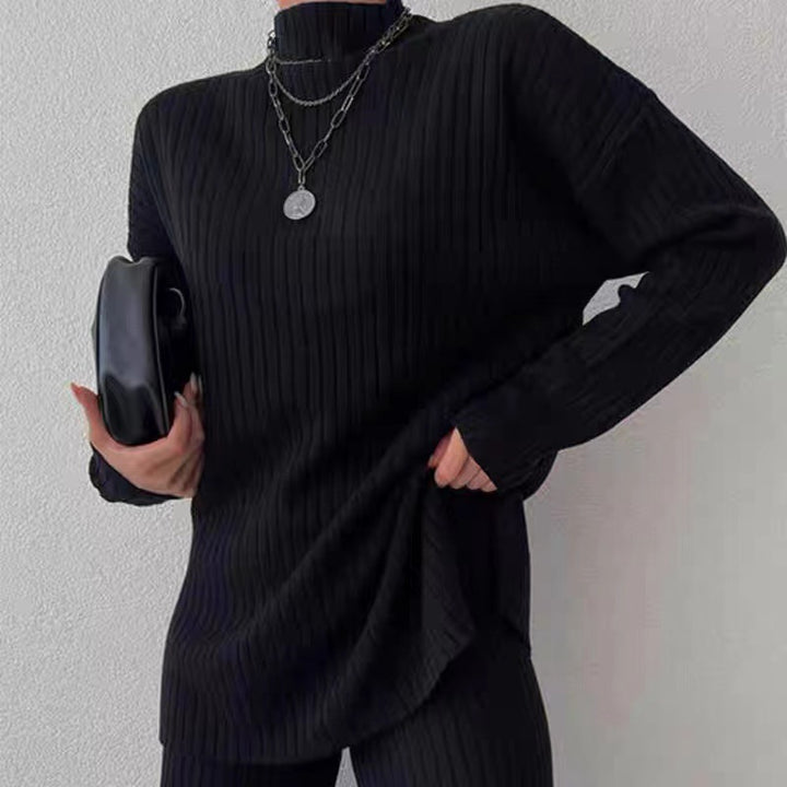 Damen Strick-Loungewear-Set mit hohem Kragen und weitem Bein Drune