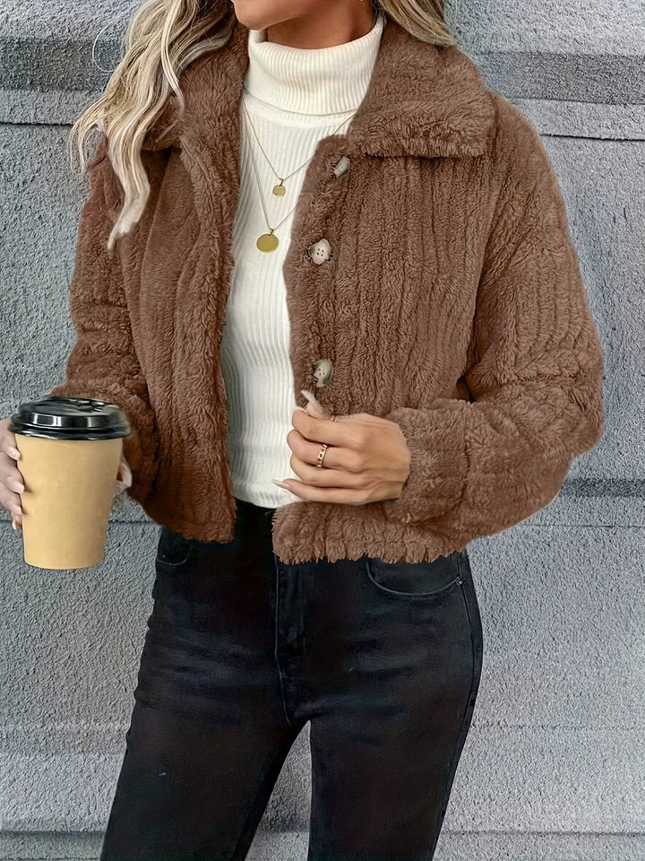 Damen Kurzjacke Teddy-Fleece mit Knopfverschluss und weitem Hemdkragen Drune