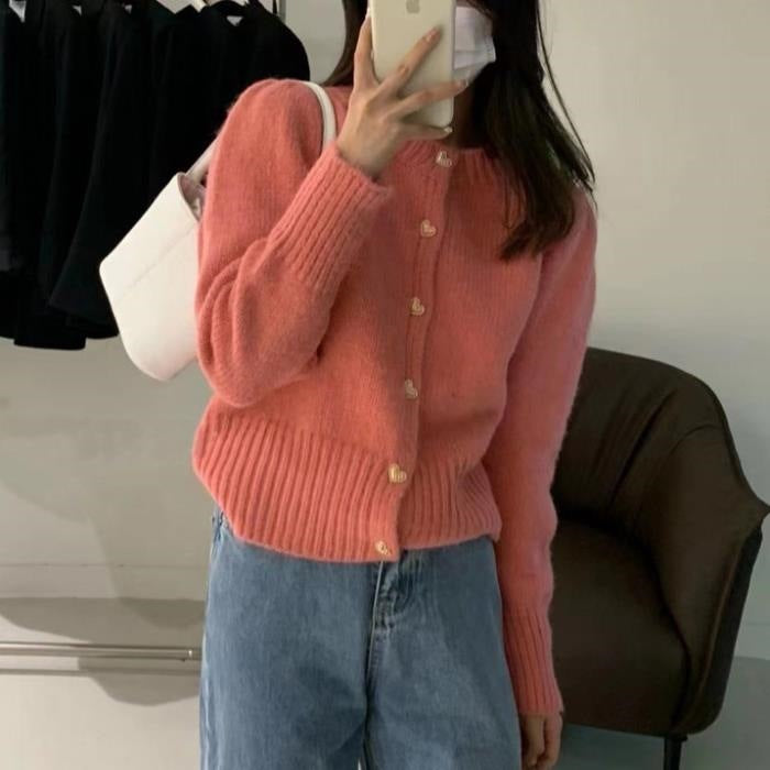 Damen Strickjacke mit Herzknöpfen und feiner Rippstruktur Drune