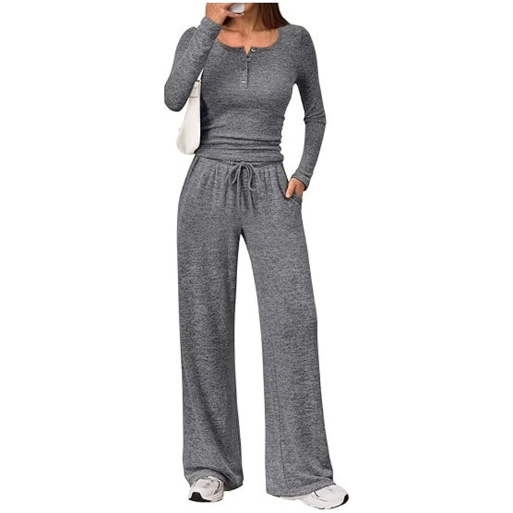 Damen Zweiteiliges Feinstrick-Lounge-Set mit Henley-Top und Palazzo-Hose Drune