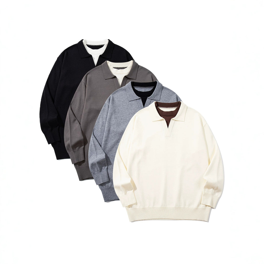 Unisex Feinstrick-Polo mit V‑Ausschnitt‑Cutout und integriertem Rollkragen-Layer Drune