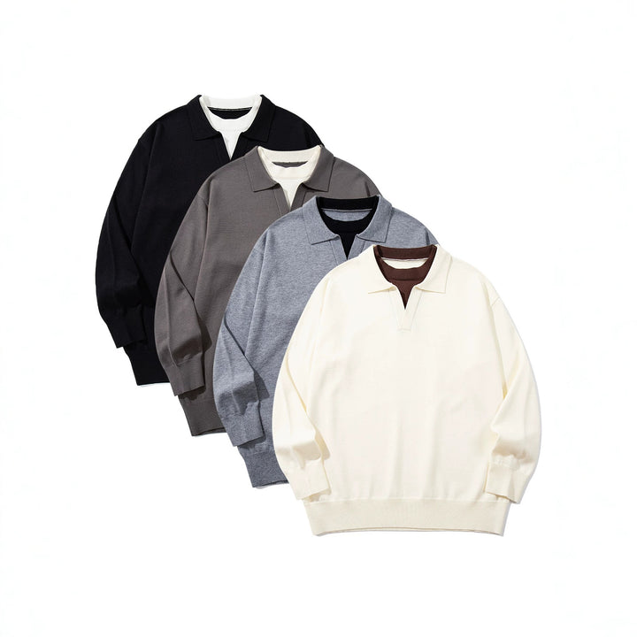 Unisex Feinstrick-Polo mit V‑Ausschnitt‑Cutout und integriertem Rollkragen-Layer Drune