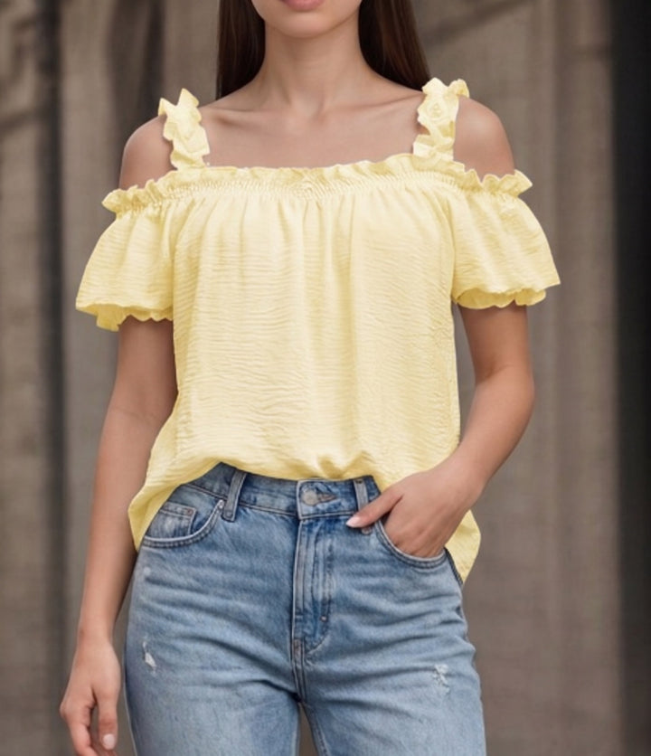 Damen Schulterfreies Crinkle-Top mit Smok-Bandeau, Rüschen‑Trägern und Flügelärmeln Drune