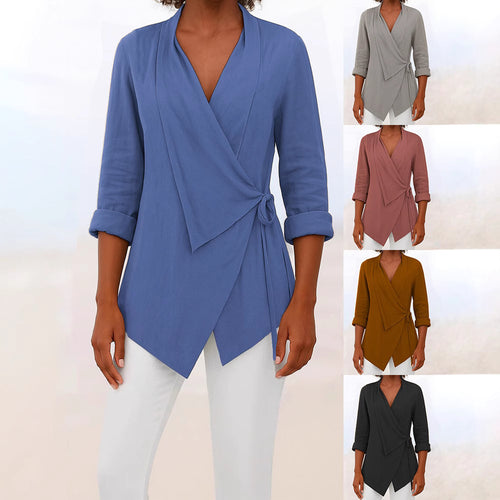 Damen Asymmetrische Wickelbluse mit Schalkragen und 3/4-Ärmeln Drune