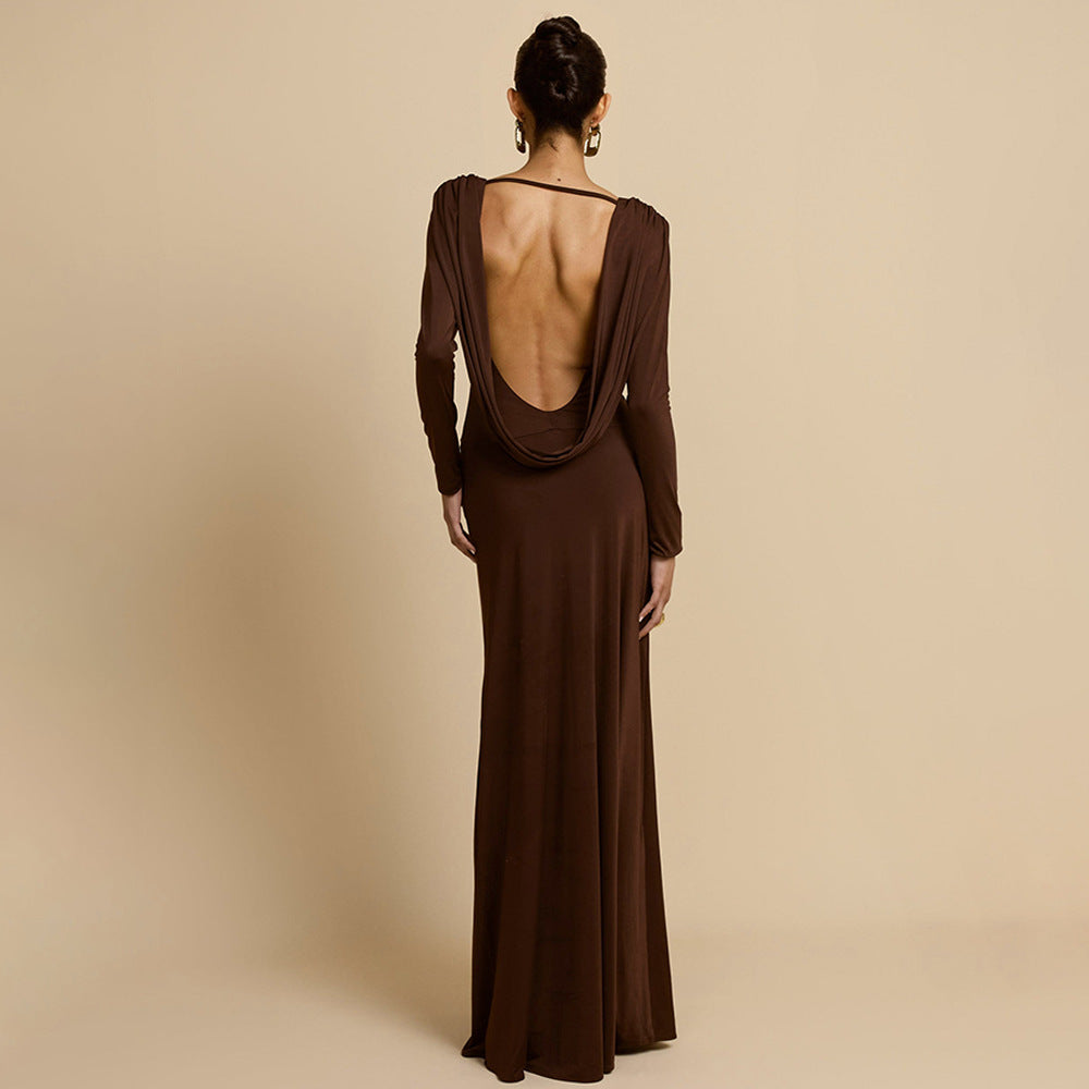 Damen Elegantes Maxikleid mit tiefem V-Ausschnitt und langen Ärmeln Drune