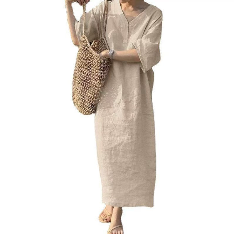 Damen Lässiges Leinen-Maxikleid mit V-Ausschnitt und Oversize-Relax-Fit Drune