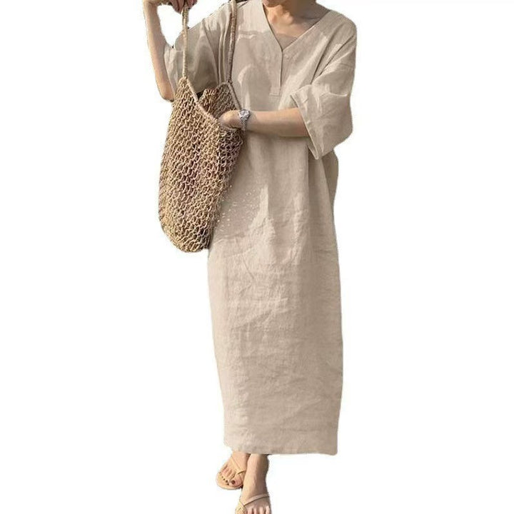 Damen Lässiges Leinen-Maxikleid mit V-Ausschnitt und Oversize-Relax-Fit Drune