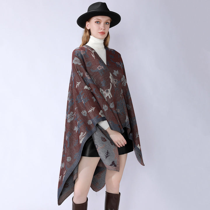 Damen Oversized Ruana im Jacquard mit Katzen- & Blumenmotiv Drune