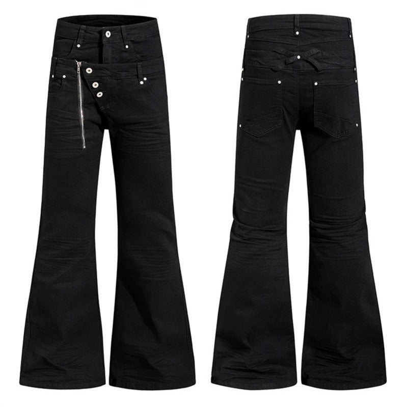 Damen Weite Schlaghose aus Denim mit asymmetrischem Reißverschluss und Knopfverschluss Drune