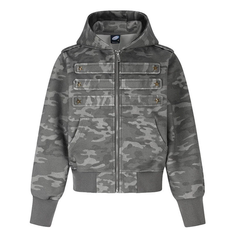 Damen Kurz geschnittene Kapuzen-Sweatjacke im Military-Camo mit dekorativen Stern‑Strapdetails Drune